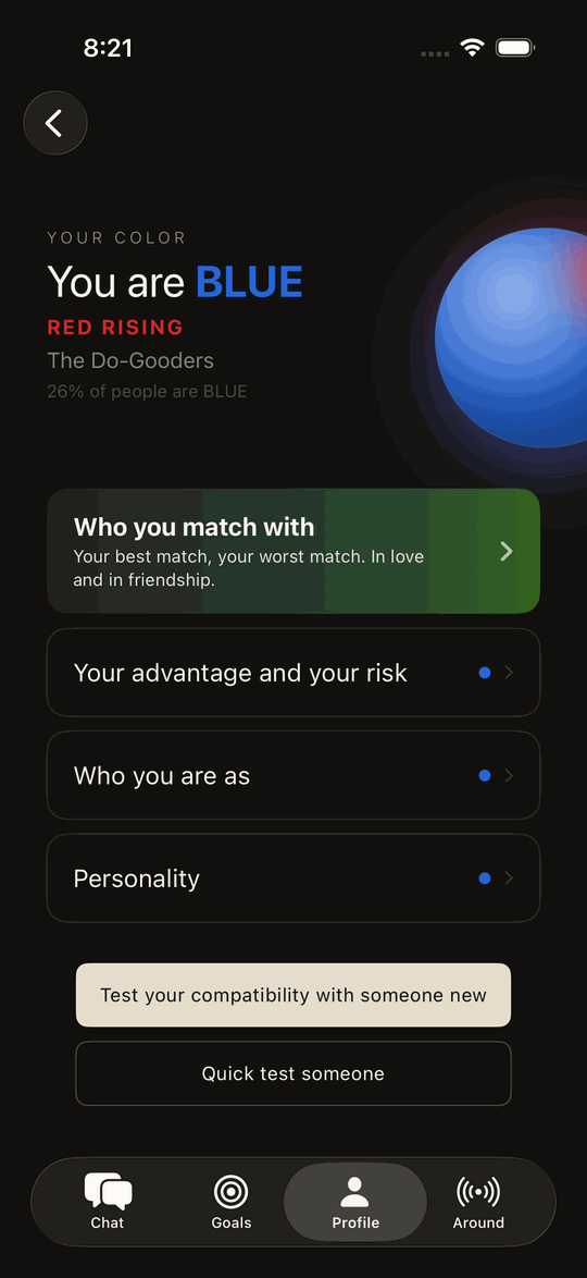 The BeCox screen that shows your color and your rising color.
