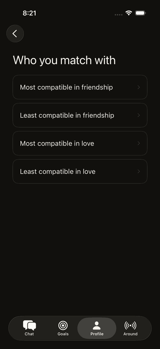 The BeCox screen that shows who you match with, in love and in friendship.